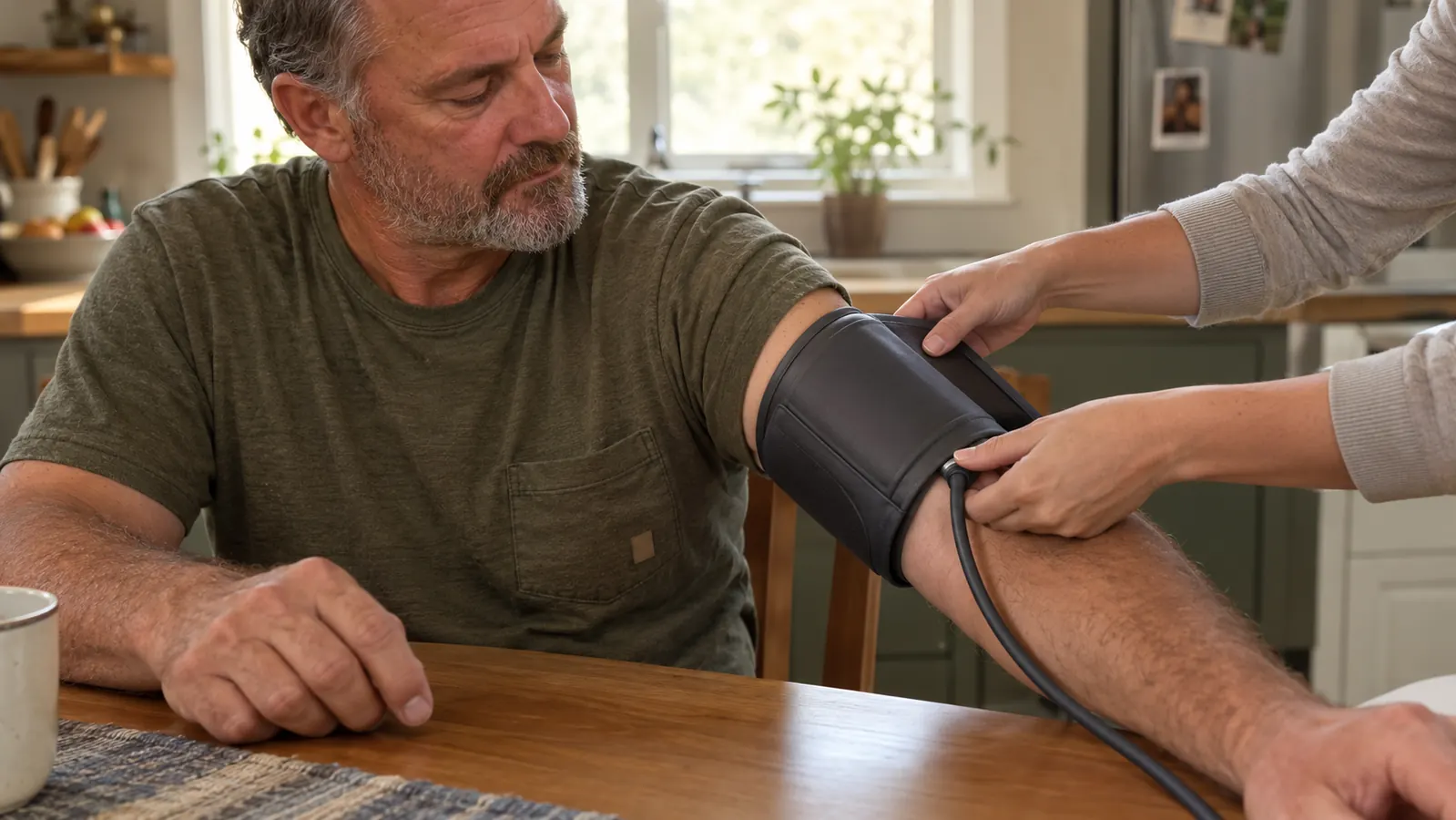A person's upper arm with the Omron ComFit cuff wrapped in place, seated at a table.