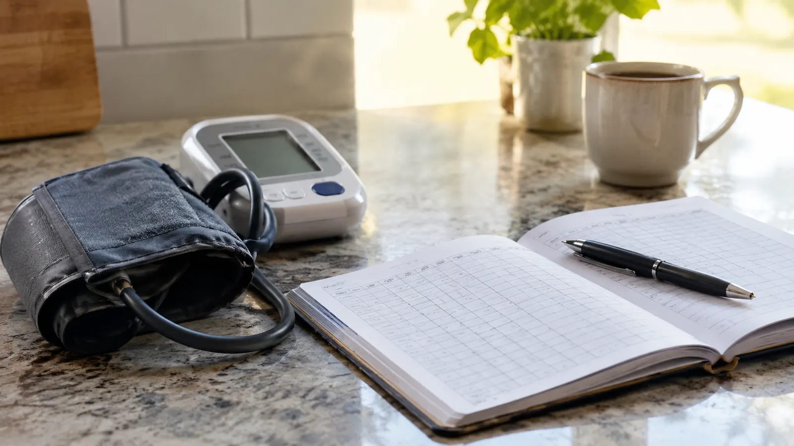 An open paper blood pressure log book with a pen resting on a kitchen table.