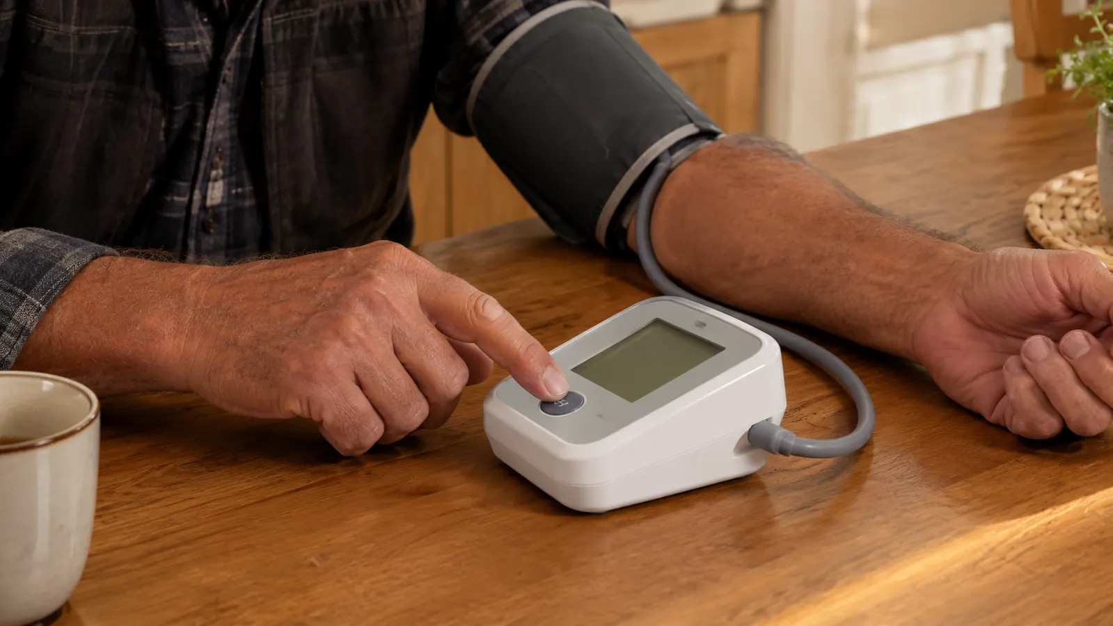 A person's hand holding a smart blood pressure monitor with an LCD display showing numbers, next to a phone