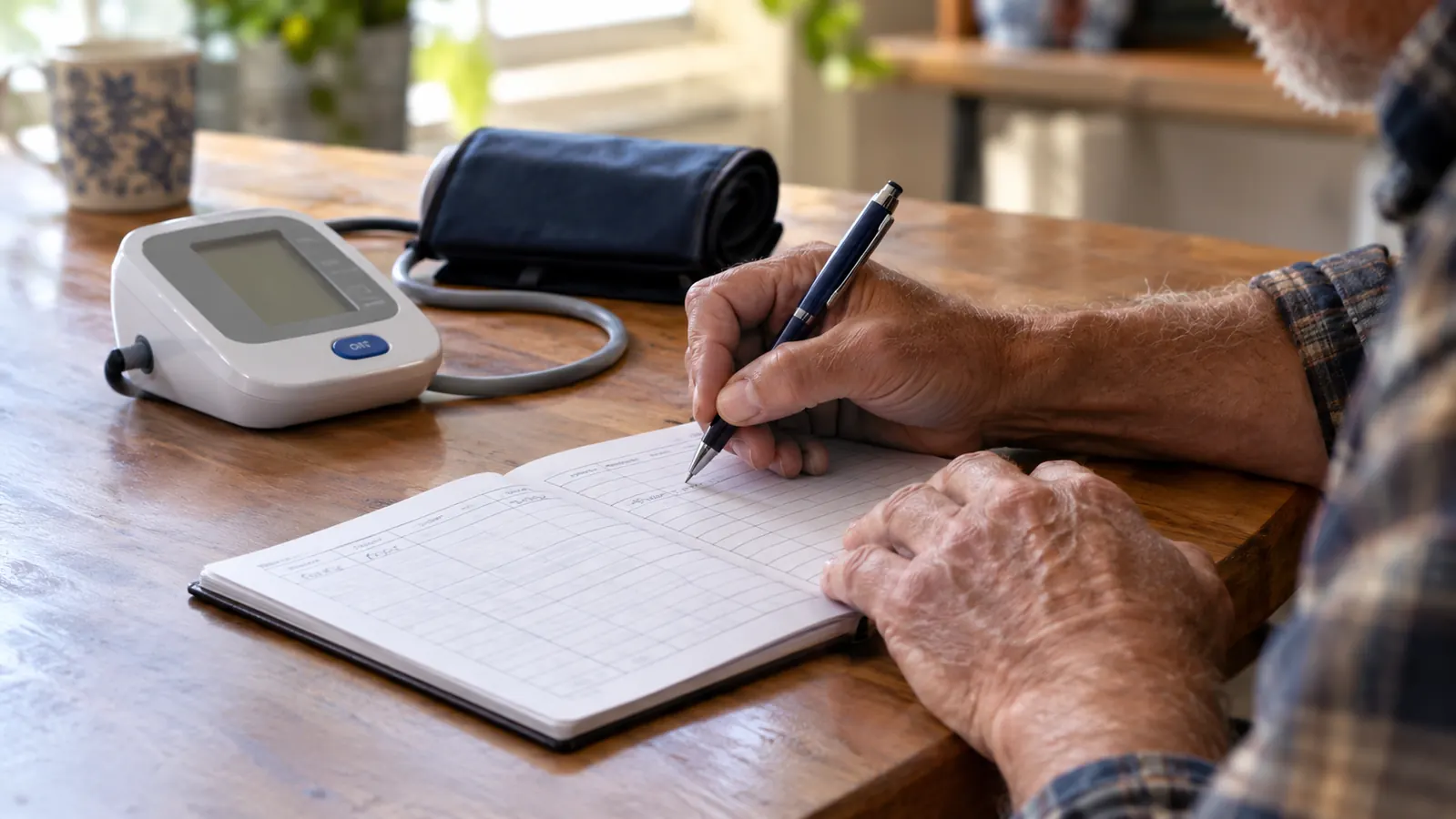 A person's hand writes in a paper log book on a kitchen table, pen tip on the page, a blood pressure monitor nearby.