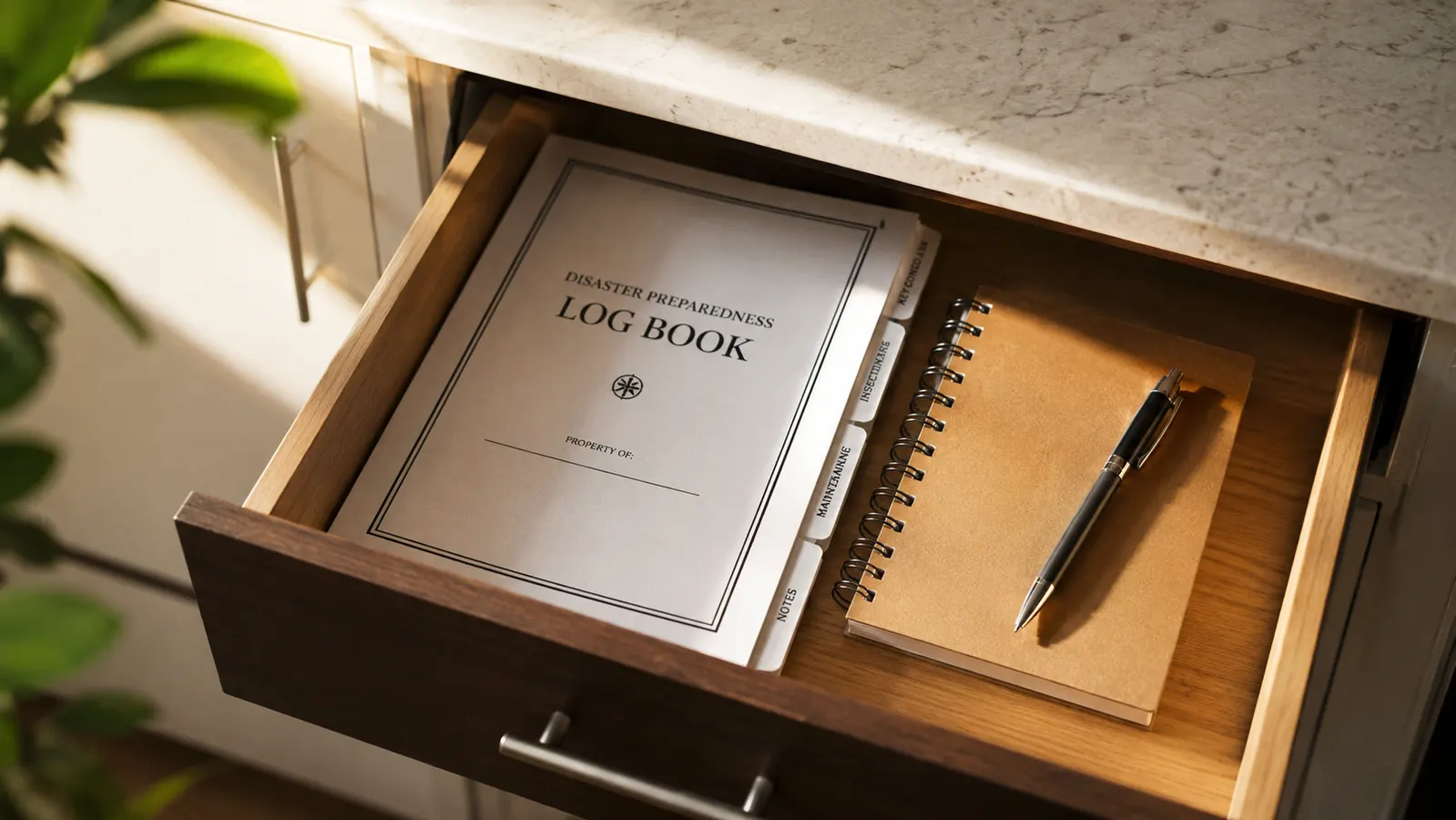 An open kitchen drawer holds a paper log book, a pen, and a small notebook, tidy and organized.