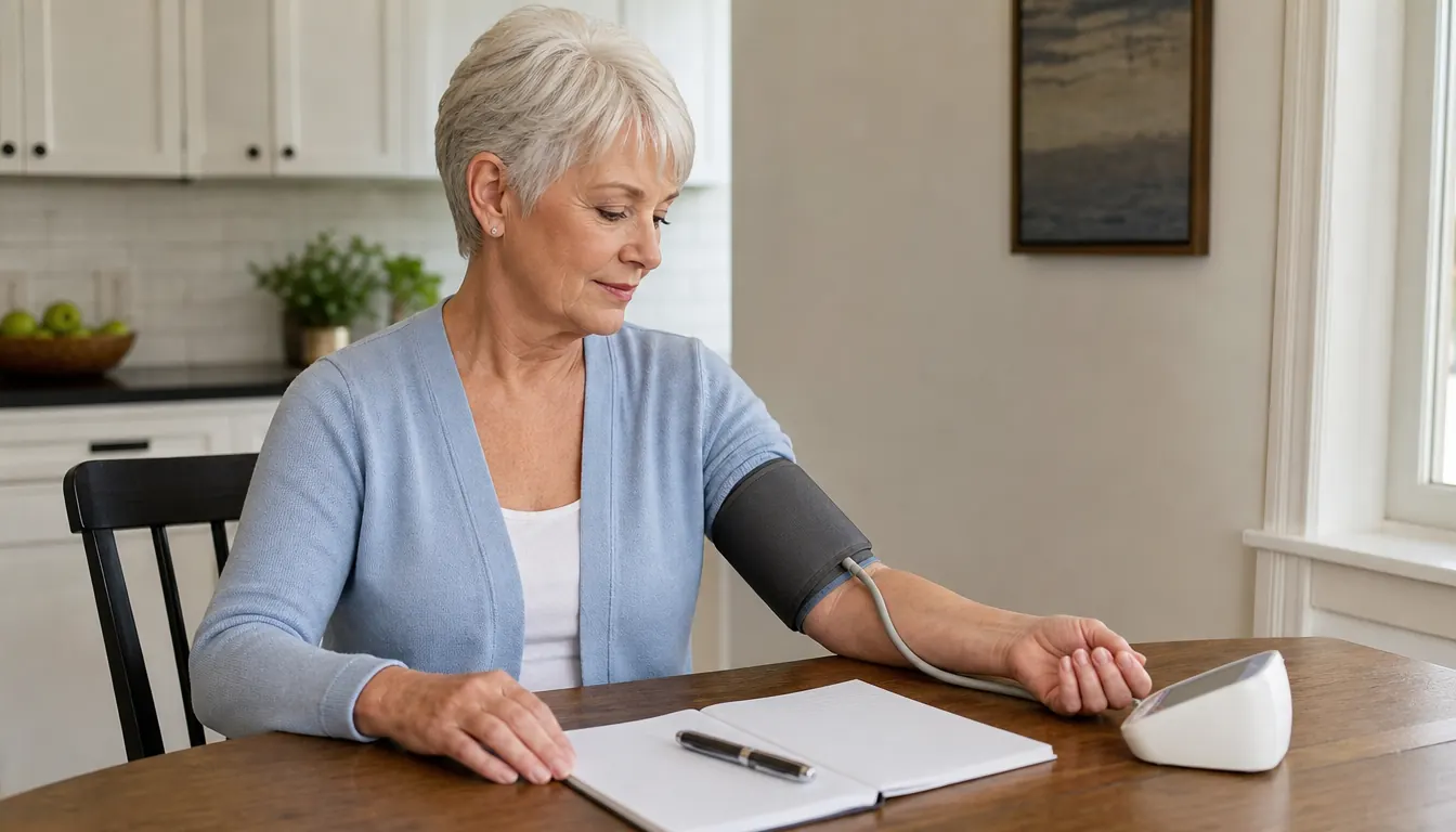 A close view of an upper arm blood pressure cuff wrapped around a person's upper arm, with the small monitor showing an LCD display, on a kitchen counter