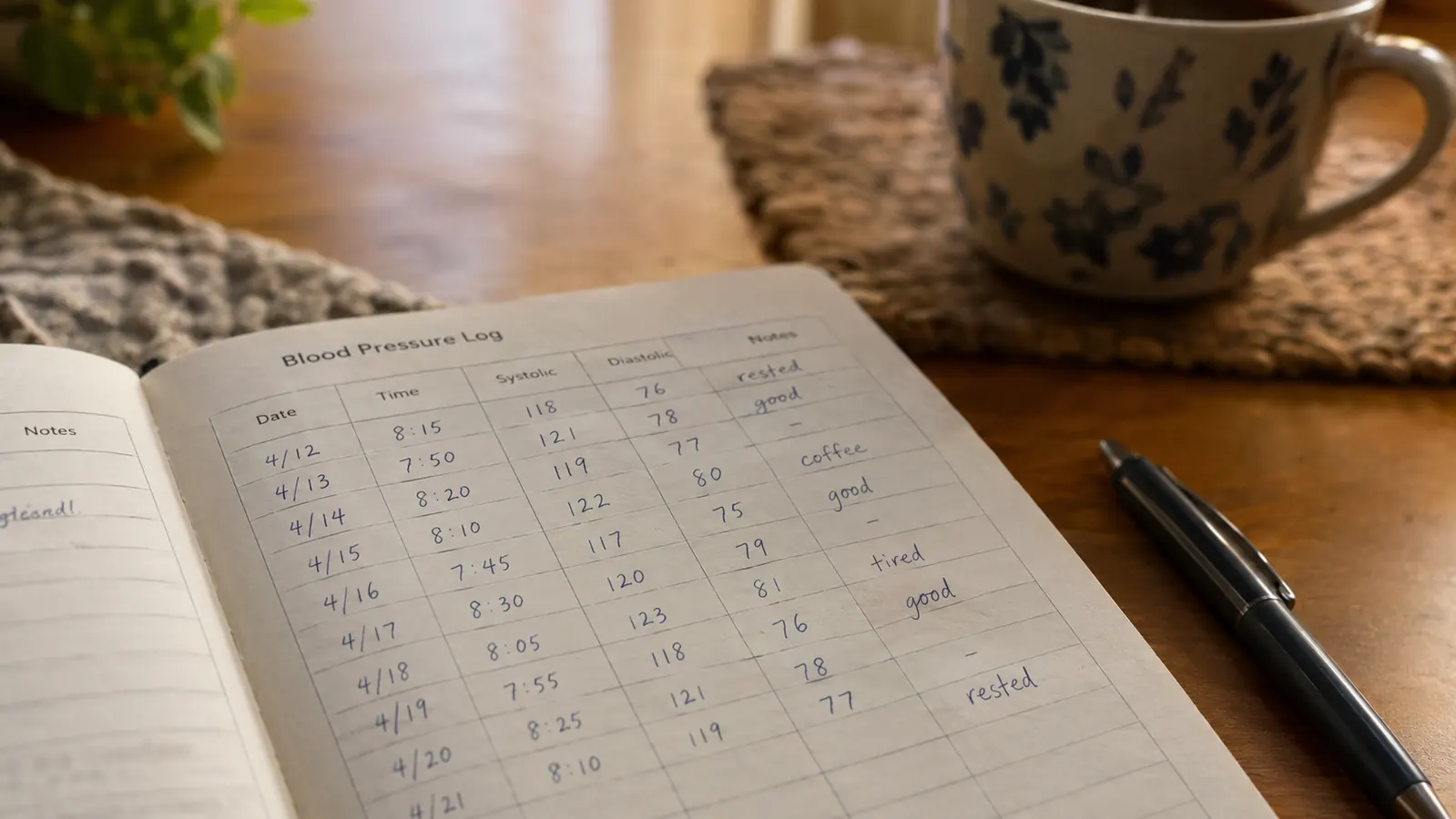 A person sits in the same chair at a kitchen table each morning, taking a blood pressure reading with an upper arm monitor while a paper log book and pen sit on the table