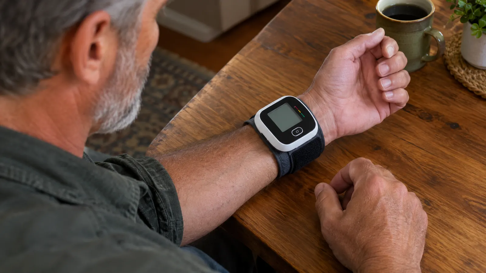 A person wearing a wrist blood pressure monitor on their wrist, arm resting flat on a table at heart level, looking at the digital display