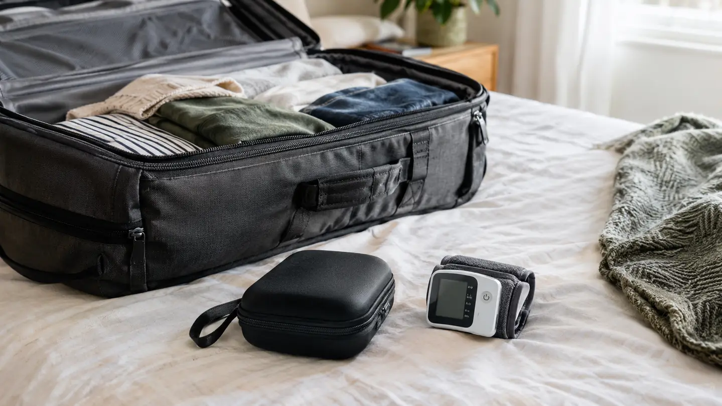 An open travel bag on a bed with a small case and a wrist blood pressure monitor beside it, ready for a weekend trip