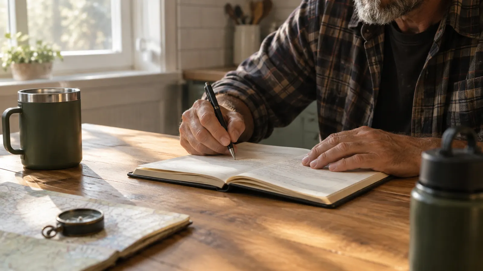 A person's hand writing in a paper log book on a kitchen table next to a blood pressure monitor