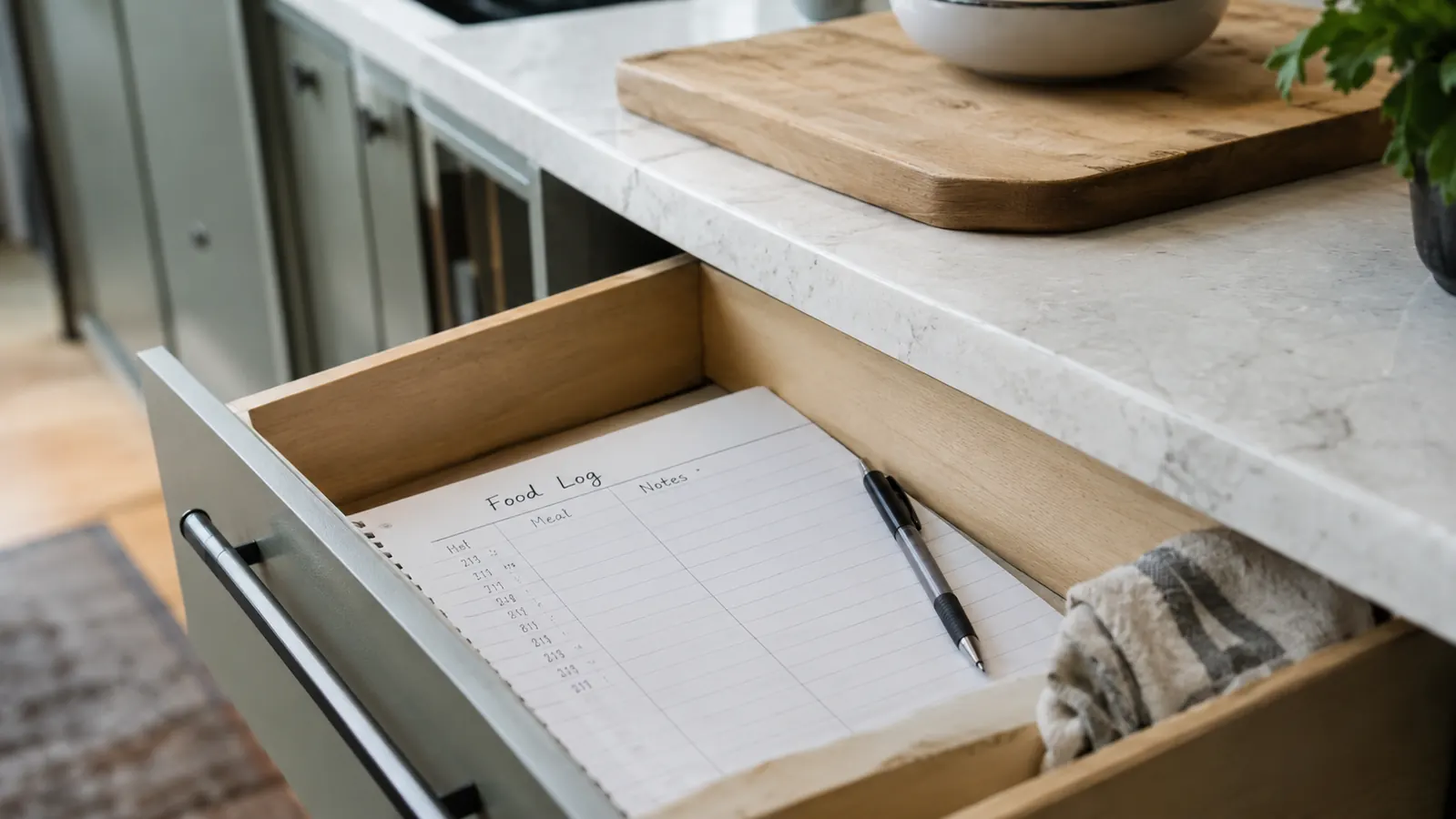 An open paper log book lying on a kitchen counter with a pen resting beside it, the kitchen softly out of focus behind