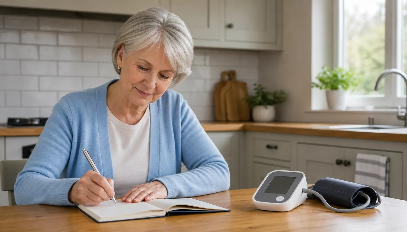 A woman in her sixties writing in a paper blood pressure log book at a kitchen table