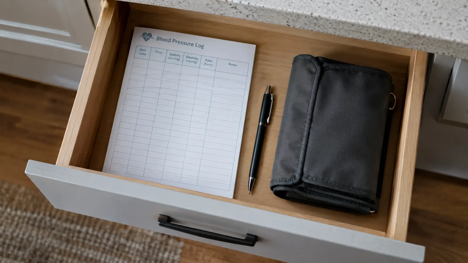 A closed paper blood pressure log book and a pen in a kitchen drawer