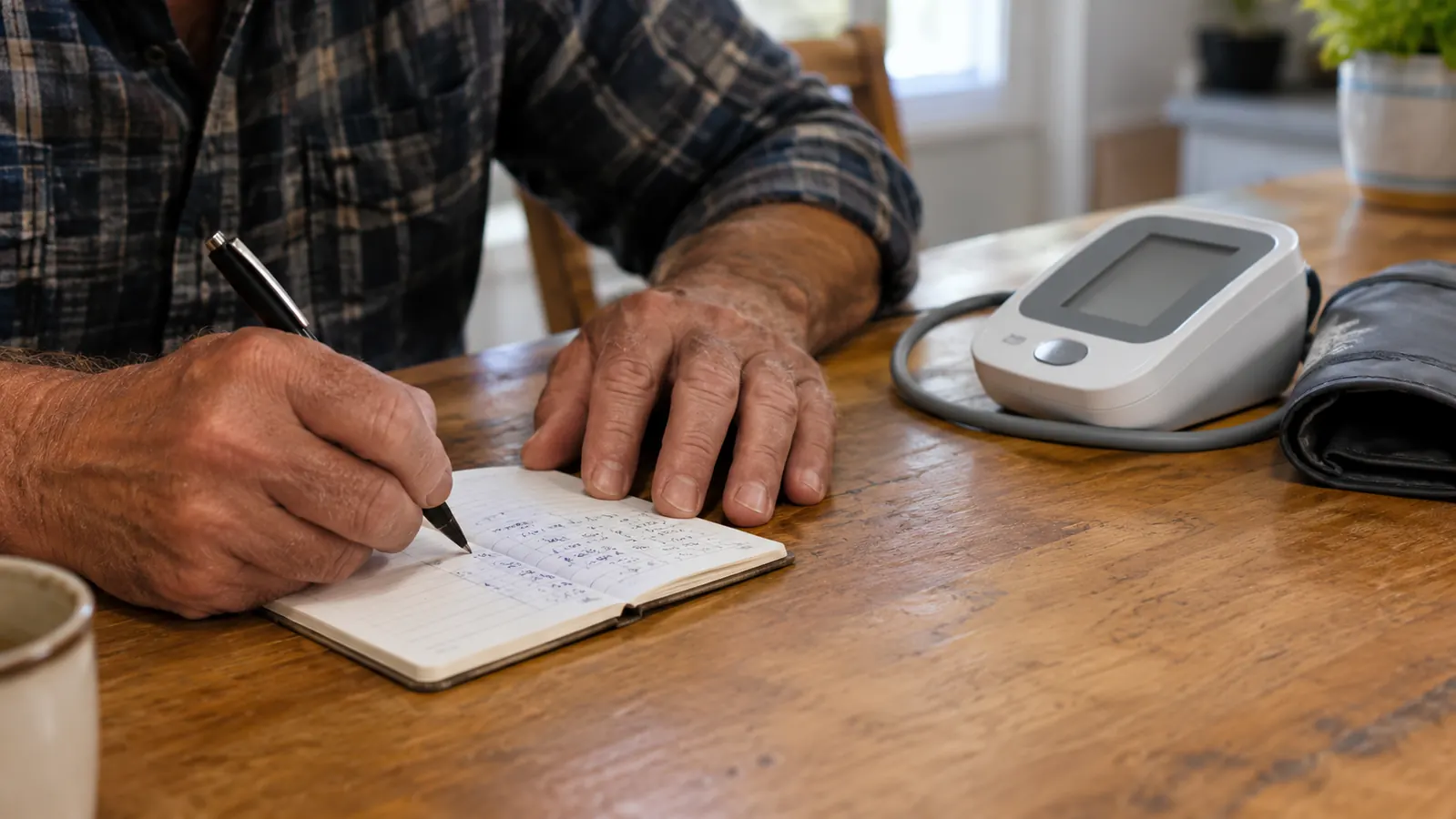 A hand writes in a small paper log book on a kitchen table, pen in hand, with a blood pressure monitor nearby
