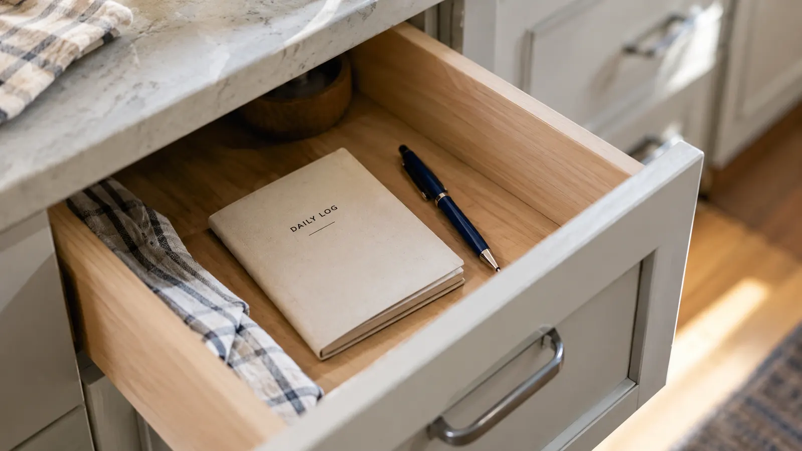 An open kitchen drawer with a small paper log book and a pen inside, tidy and organized