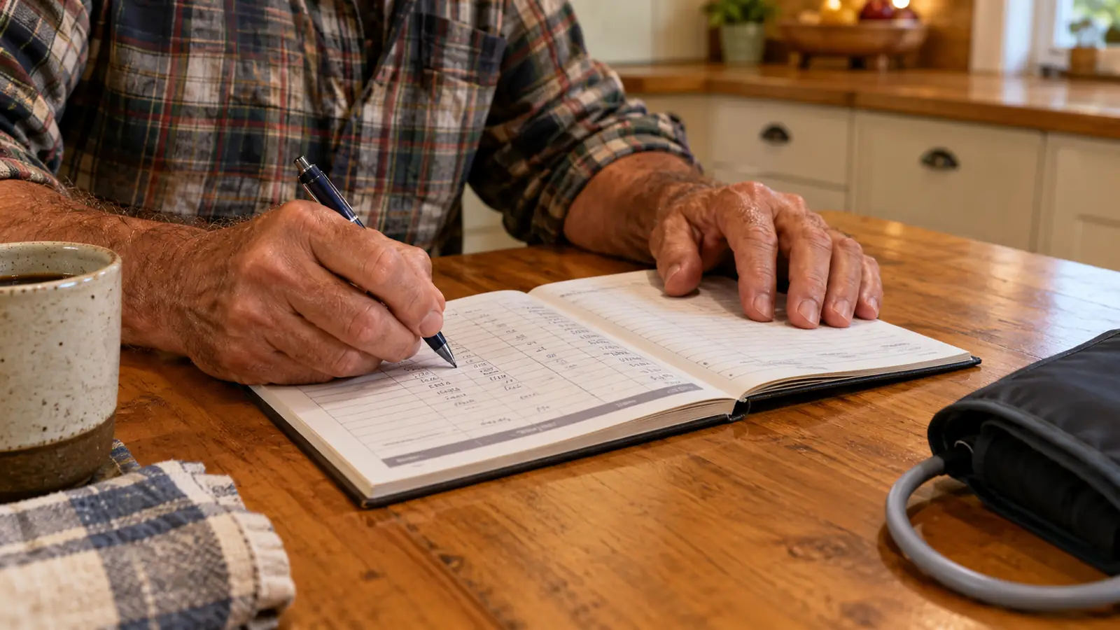 A close view of a hand writing in the Blood Pressure Log Book on a kitchen table, with a pen resting on the page