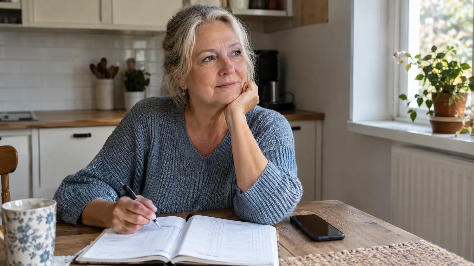 A person in her sixties sitting at a kitchen table with a paper log book open, a smartphone beside it, afternoon light