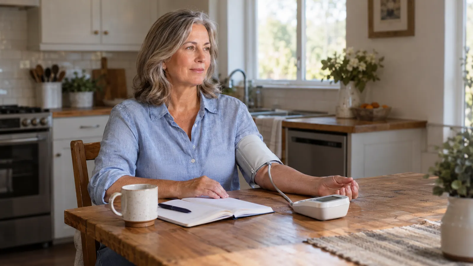 A woman in her sixties seated at a kitchen table with an upper-arm blood pressure cuff on and a paper logbook beside her