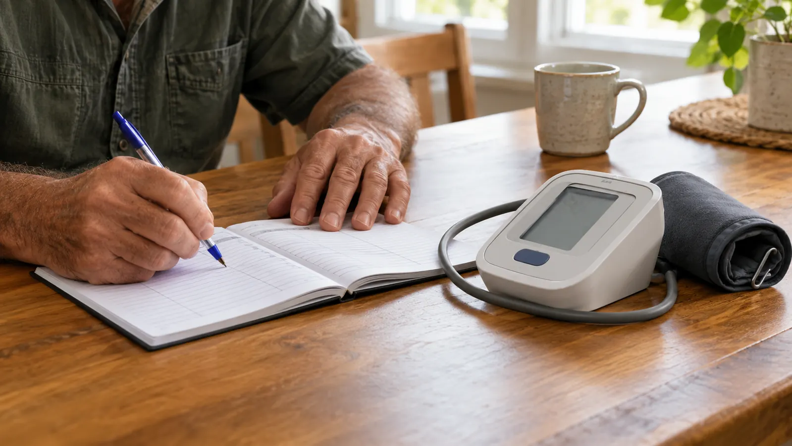 A hand writes a blood pressure reading in a paper log book at a kitchen table with an upper-arm monitor nearby.