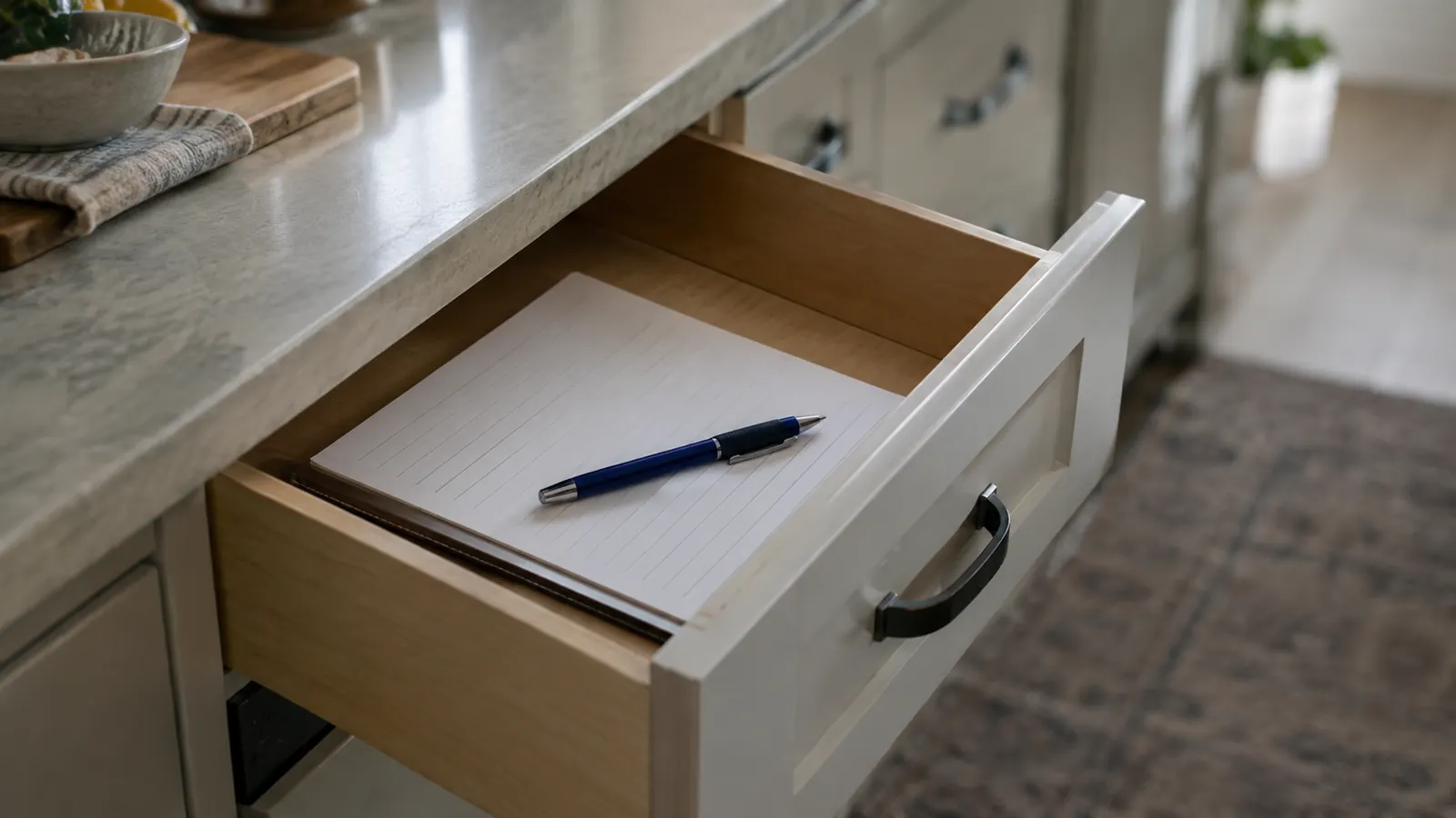 A kitchen drawer is open to show a paper log book and a pen stored together.