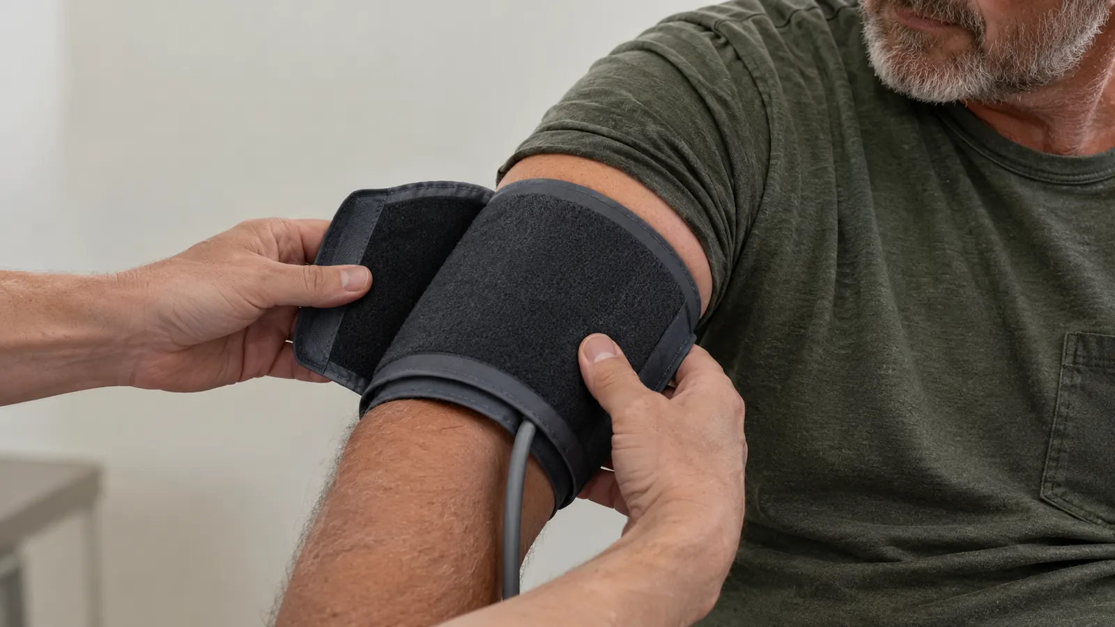 A person wrapping the cuff around their own upper arm at a kitchen table with a monitor nearby