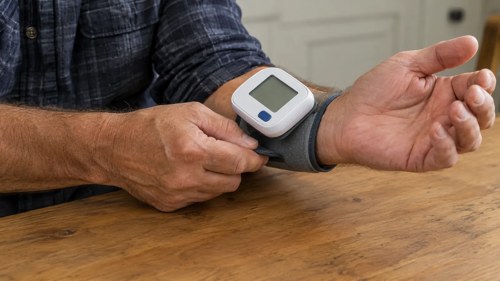 Close view of a person wrapping a wrist blood pressure monitor around a bare wrist, the band snug, forearm resting on a kitchen table