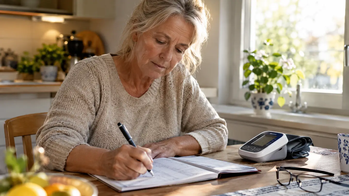 A woman in her sixties writing numbers in a paper log book at a kitchen table, a small wrist blood pressure monitor resting on the table beside her