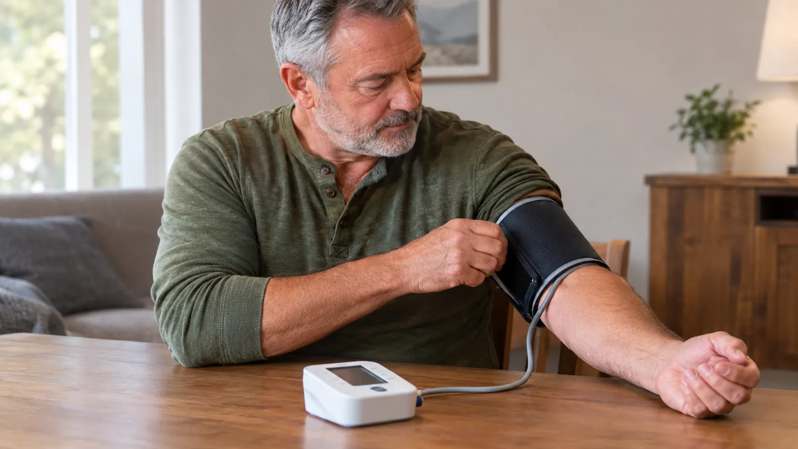 A person places an upper-arm blood pressure cuff on their arm while seated at a table