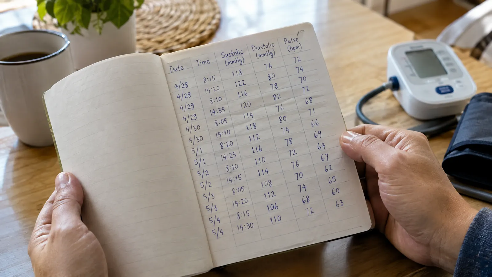 A person holding a paper blood pressure log book with handwritten rows of date, time, and numbers, seated at a kitchen table