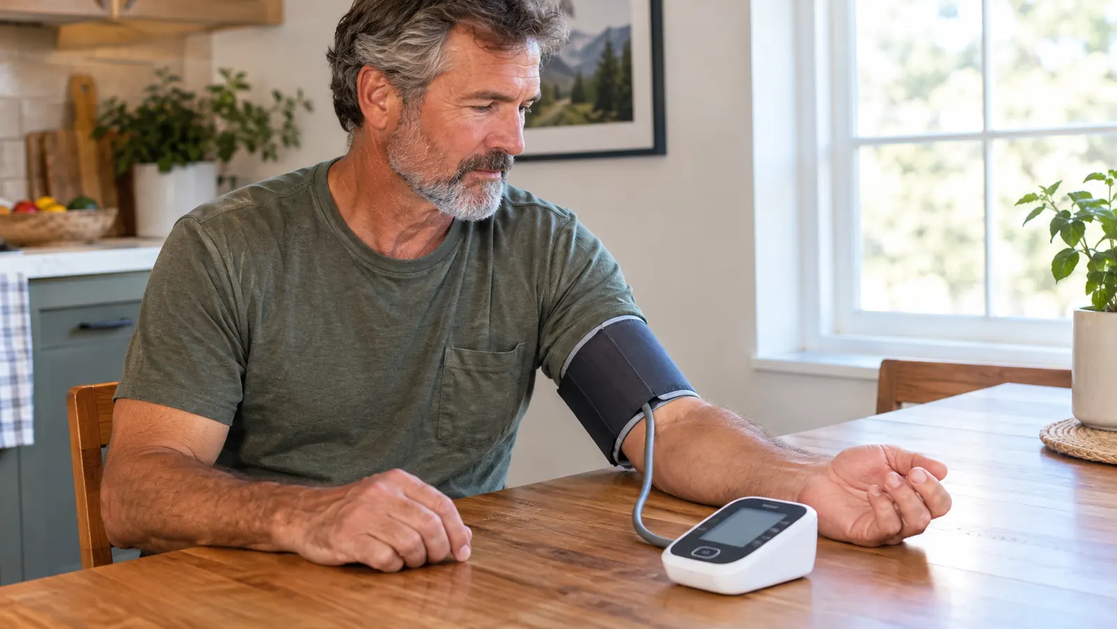 Person seated at a table with the monitor cuff wrapped around their upper arm, arm resting on the table