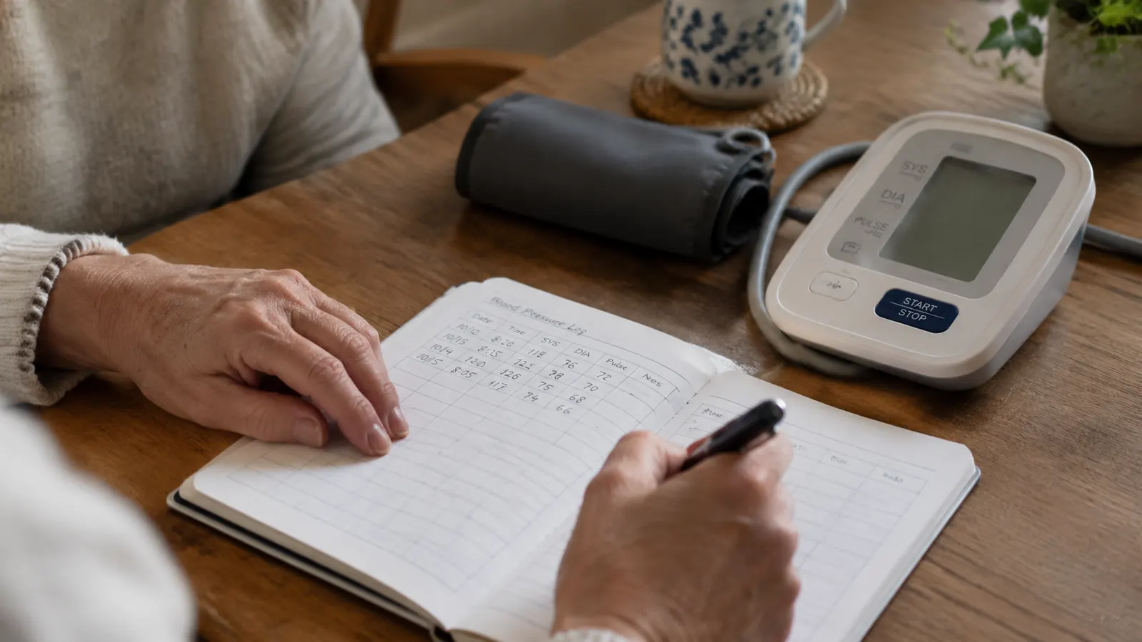 Hands writing blood pressure readings in a paper log book on a kitchen table beside an upper arm blood pressure monitor