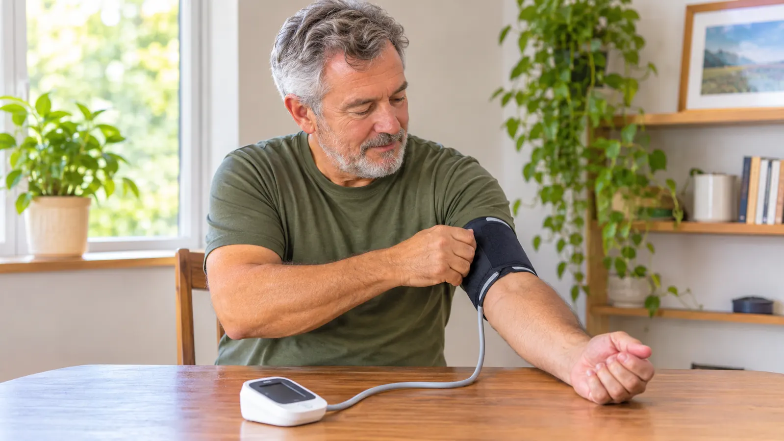A person using a blood pressure monitor at a kitchen table, the cuff around their upper arm and their arm resting on the table