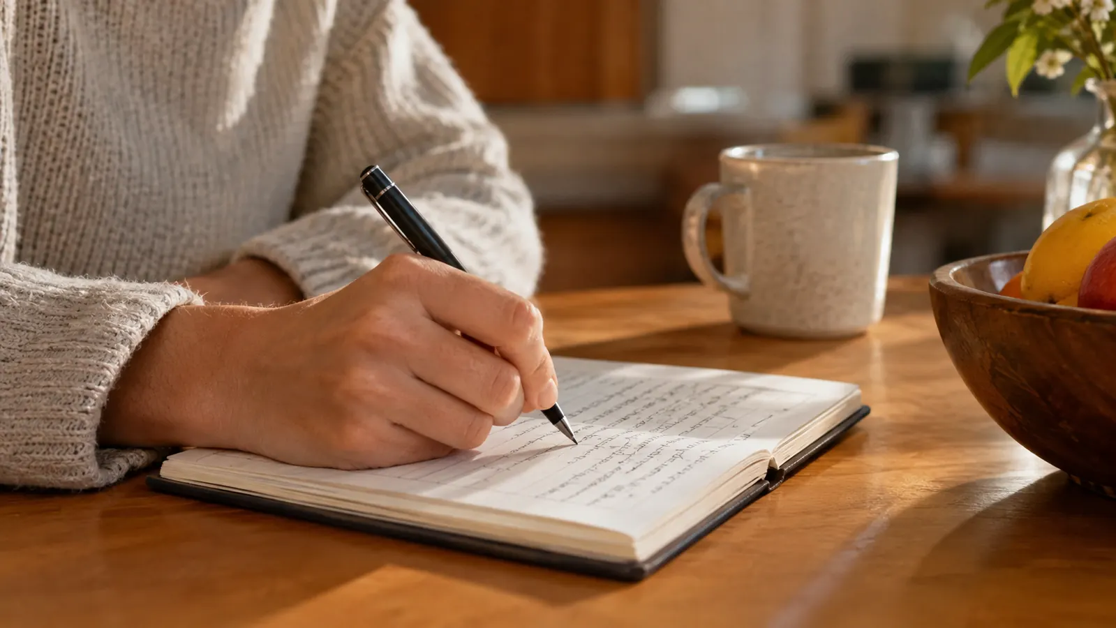 A hand writing in a paper log book at a kitchen table, a blood pressure monitor nearby