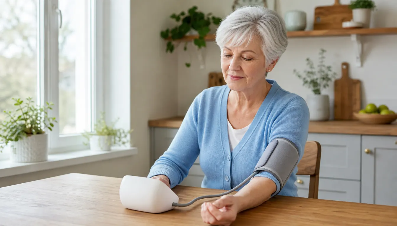 A person placing an upper-arm blood pressure cuff around their own arm