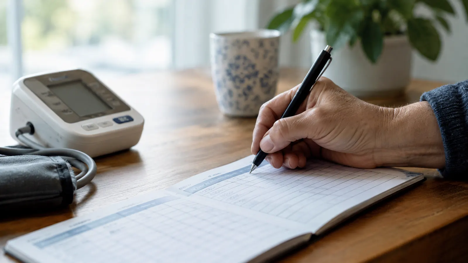 A person holding a small paper log book and a pen beside a blood pressure monitor