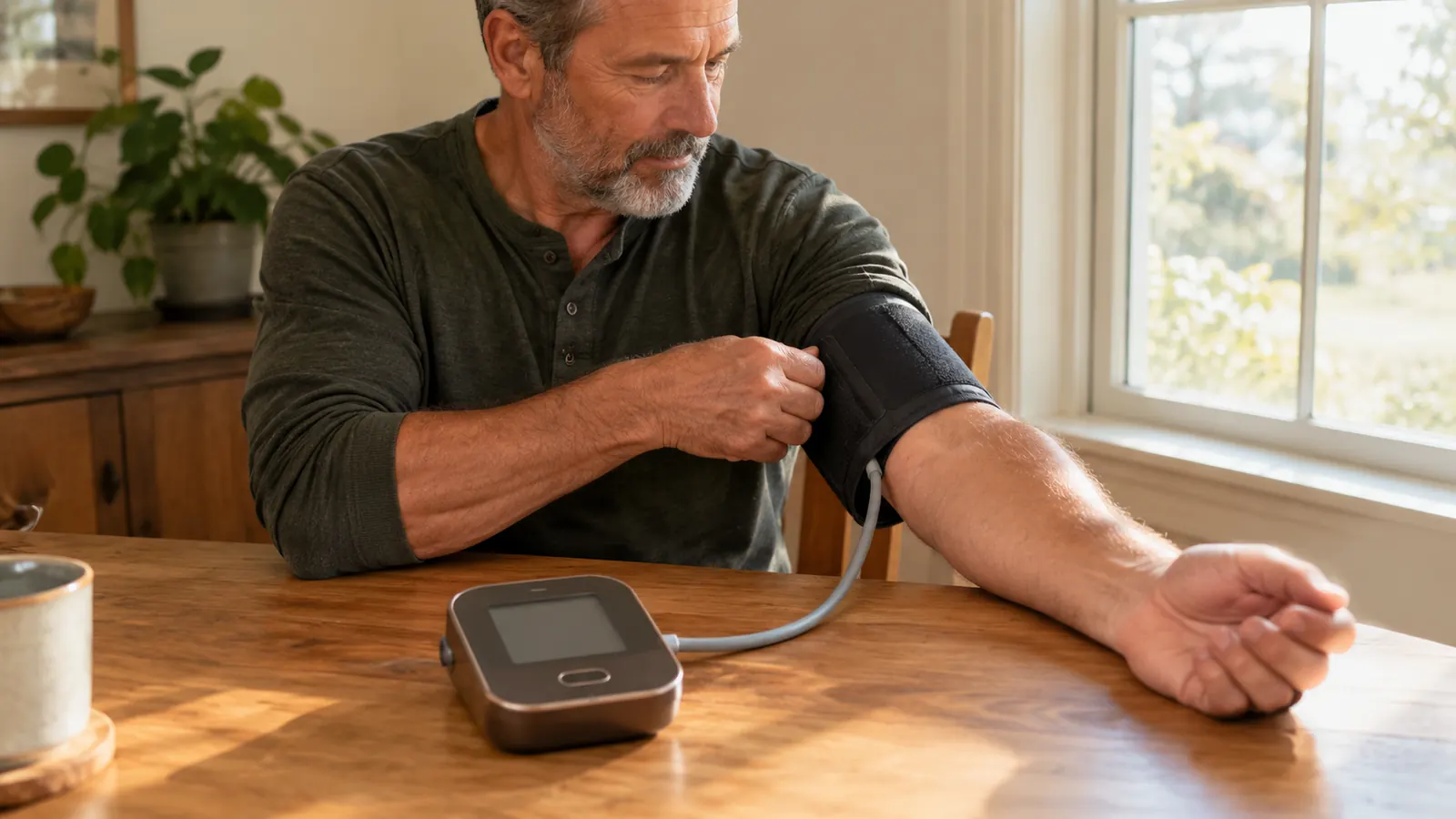 A person's hand places the cuff of an upper-arm blood pressure monitor around their own upper arm while seated at a table