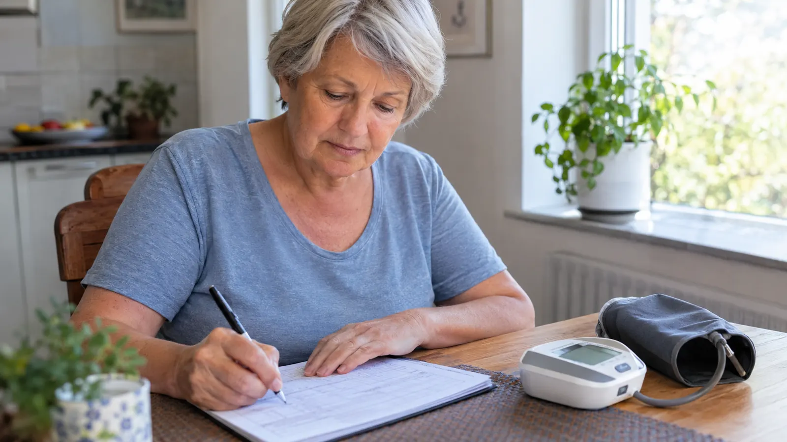 A person in her sixties writes blood pressure readings in a paper log book at a kitchen table, the monitor nearby