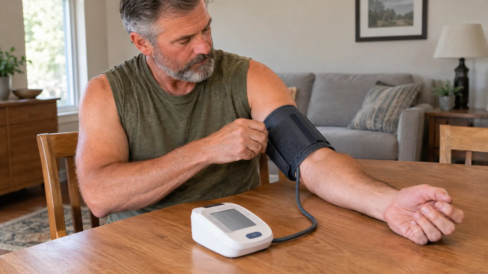 A person wrapping the upper arm cuff of a blood pressure monitor around their arm while seated at a table