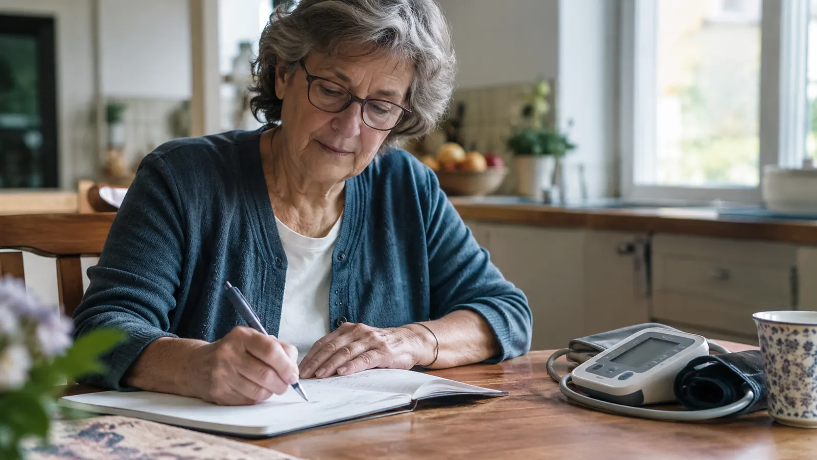 A person writing in a paper log book at a kitchen table with a blood pressure monitor beside them