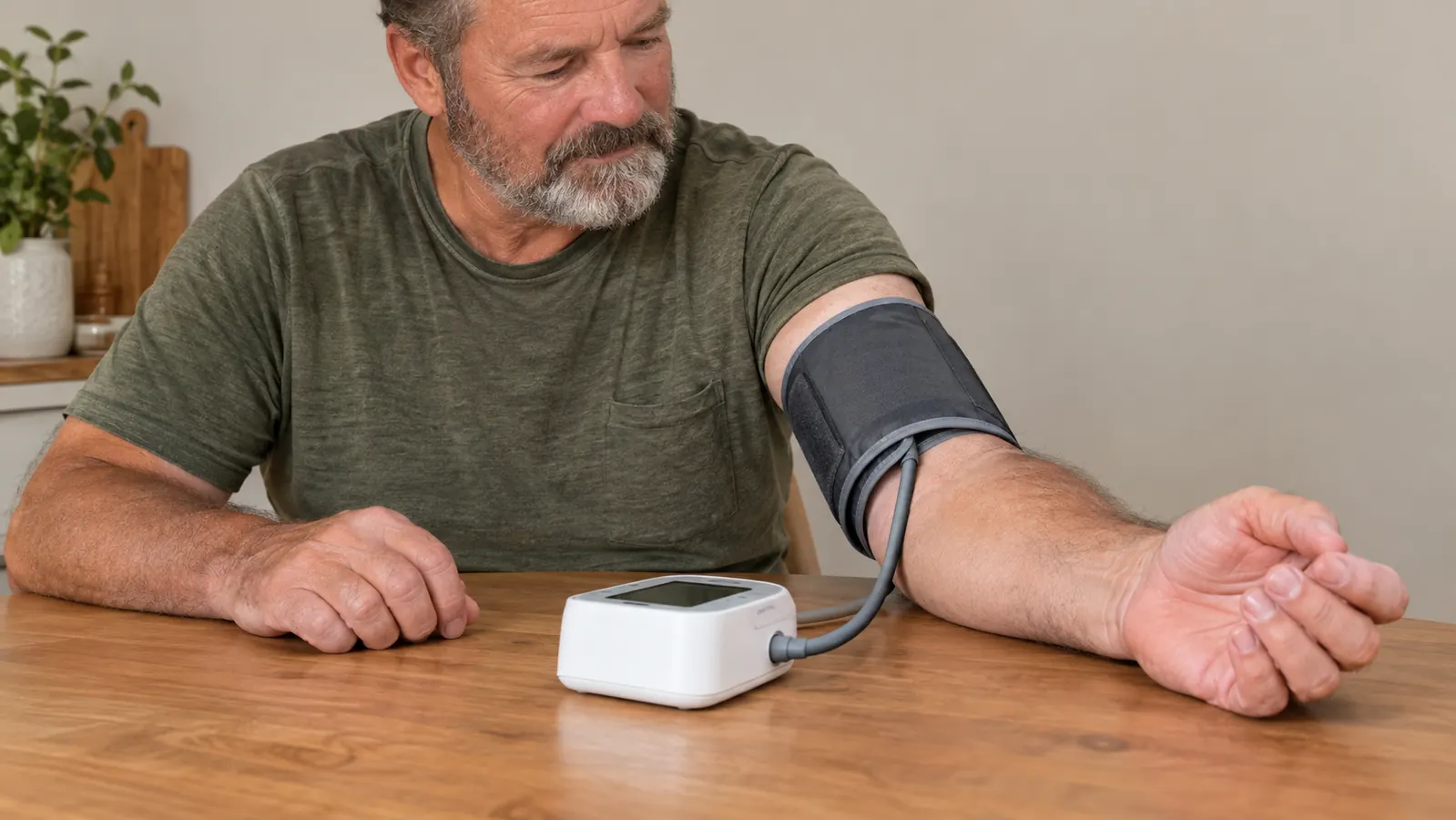 A person's hand slipping a large pre-formed cuff over their upper arm before a reading