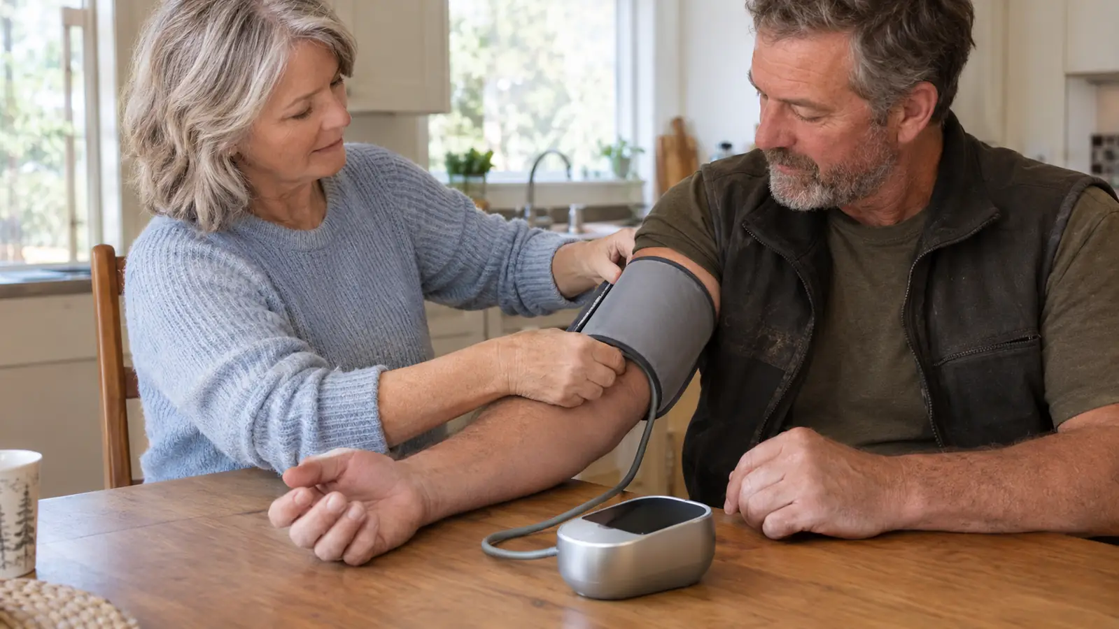 A person wrapping an upper arm blood pressure cuff with one hand while the other arm rests on a table
