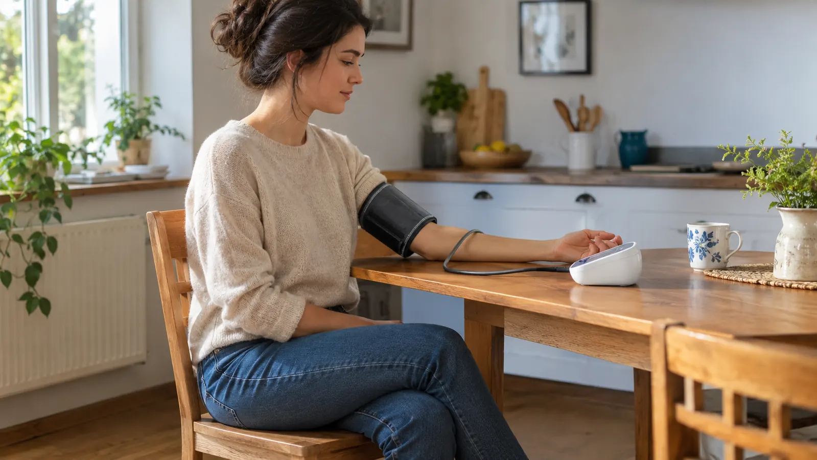 A person sitting at a kitchen table with a blood pressure monitor and a paper log book beside them