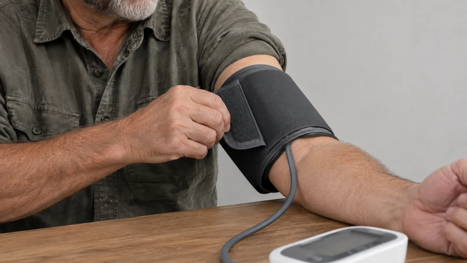 A person wrapping an upper-arm blood pressure cuff around their own arm one-handed at a kitchen table