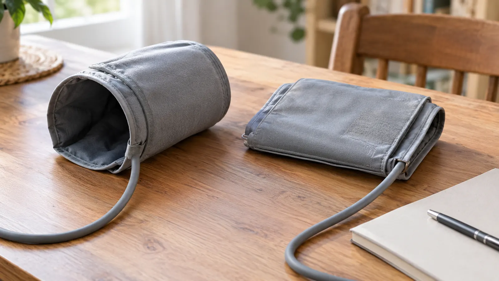Two soft fabric blood pressure cuffs laid side by side on a kitchen table next to a paper log book