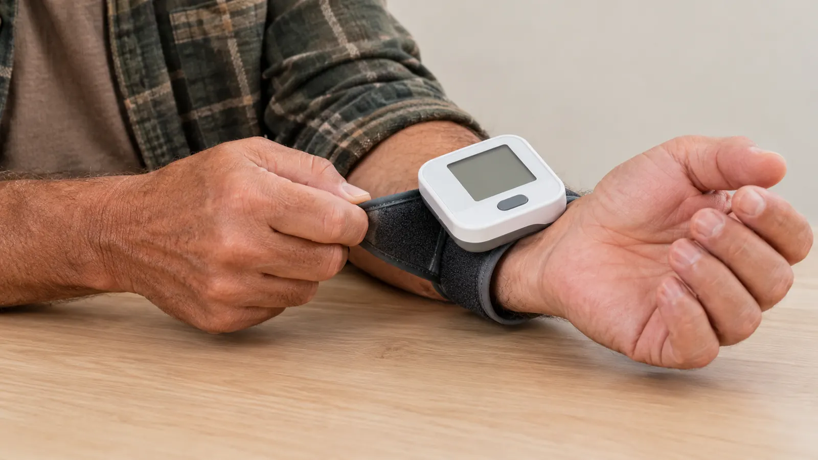 A hand slipping a wrist blood pressure monitor onto a wrist over a kitchen table