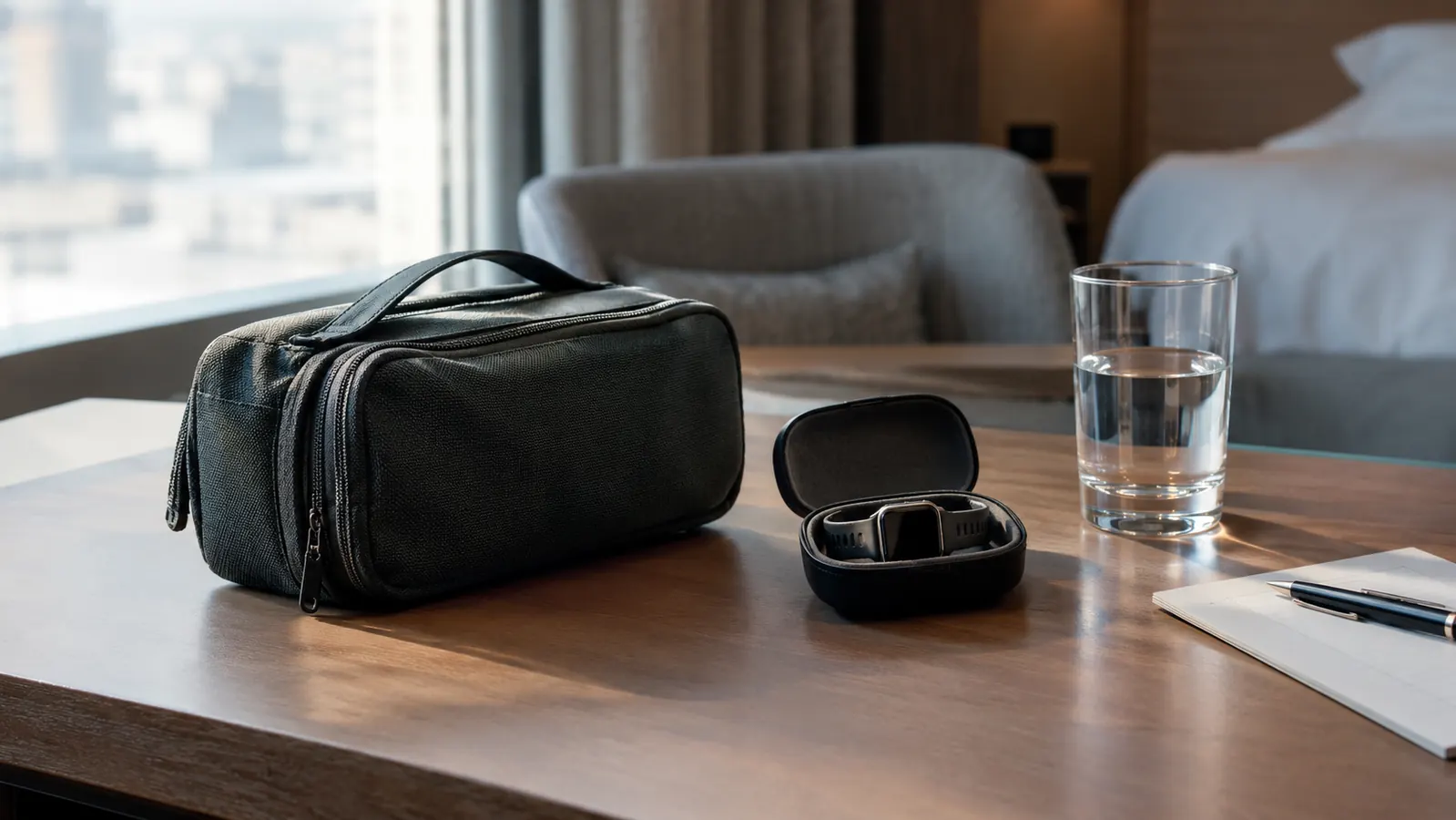 A small travel bag on a hotel desk with a wrist blood pressure monitor case beside a water glass