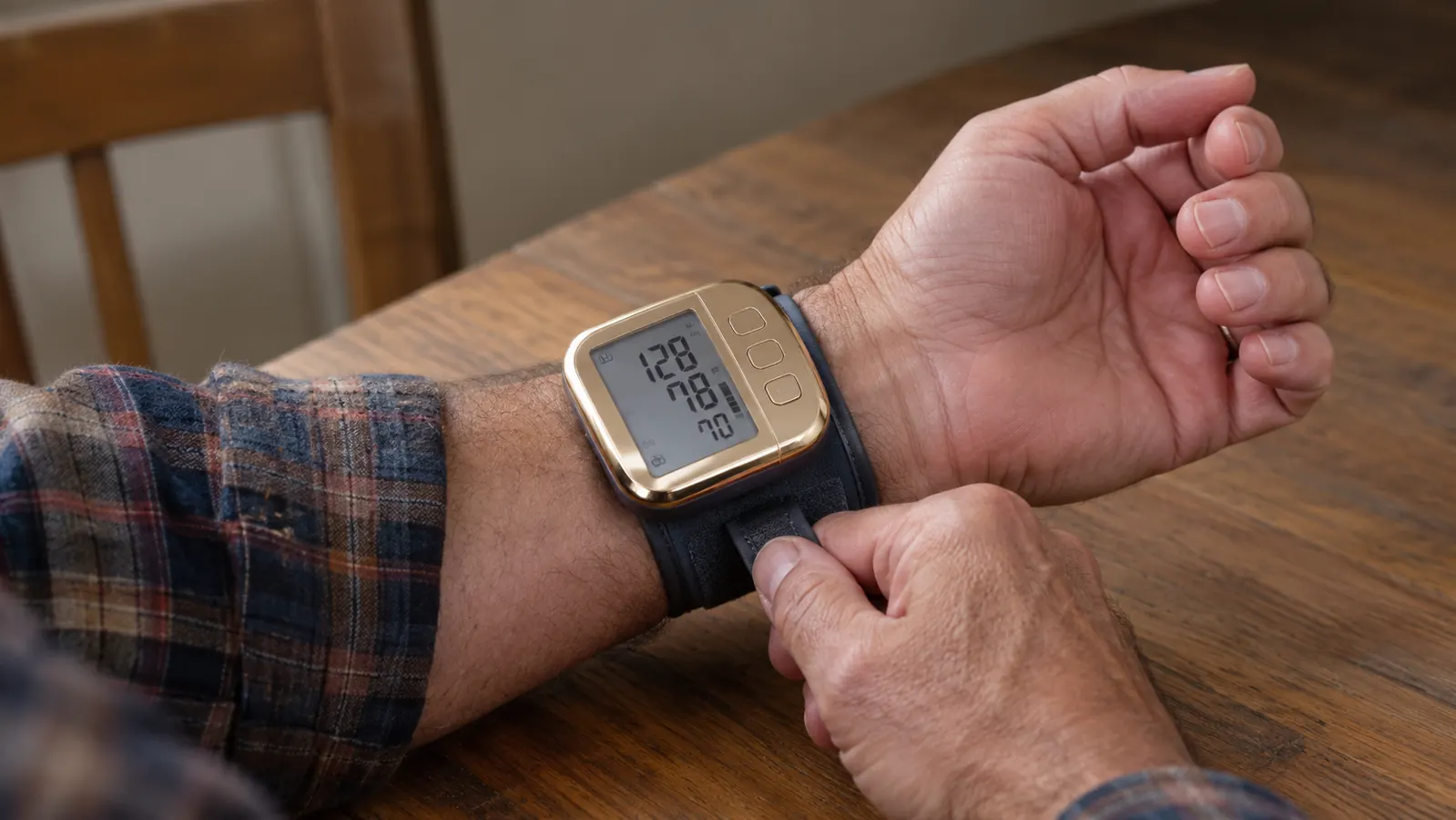 A hand fastens a small wrist blood pressure monitor around a wrist while the person sits at a table