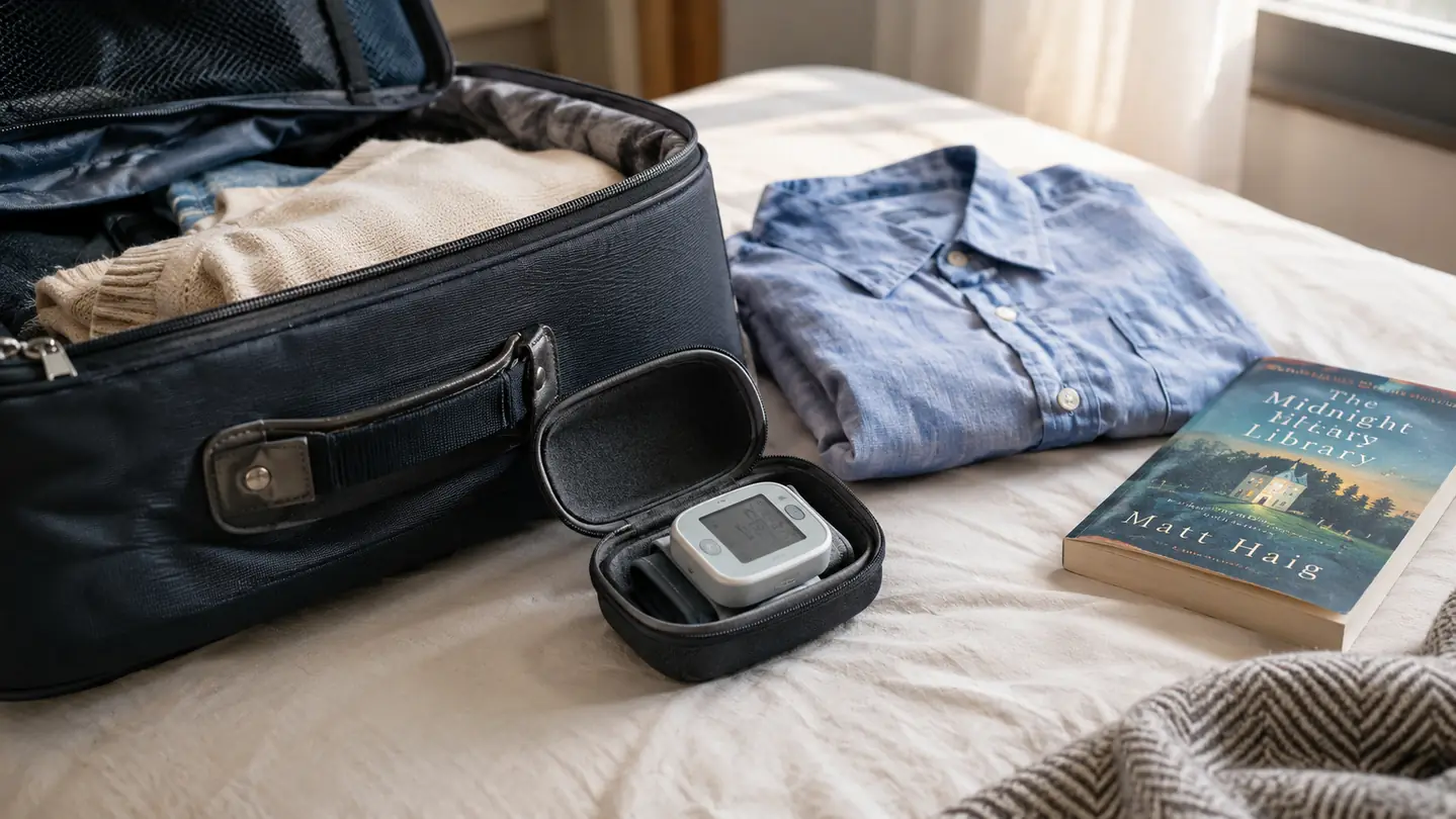 A travel bag open on a bed with a small wrist blood pressure monitor, its case, and a folded shirt inside