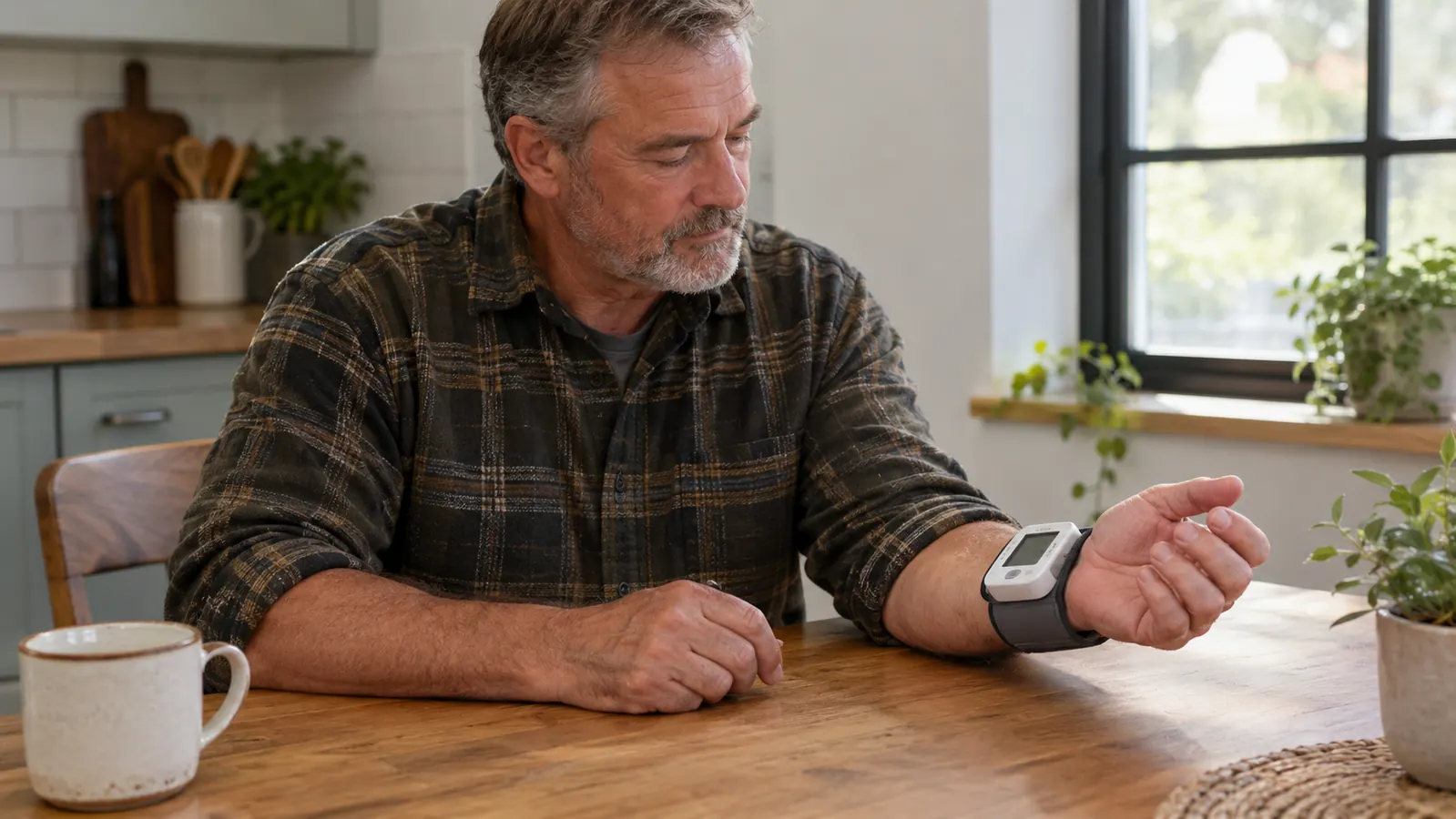 A person taking a reading with a wrist blood pressure monitor while seated at a table with their arm resting at heart level
