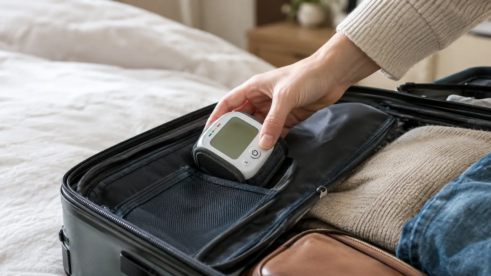 A person slipping a small wrist blood pressure monitor into the front pocket of a suitcase