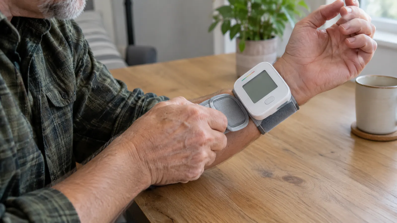A hand wrapping a wrist blood pressure monitor around a wrist while the arm rests on a kitchen table