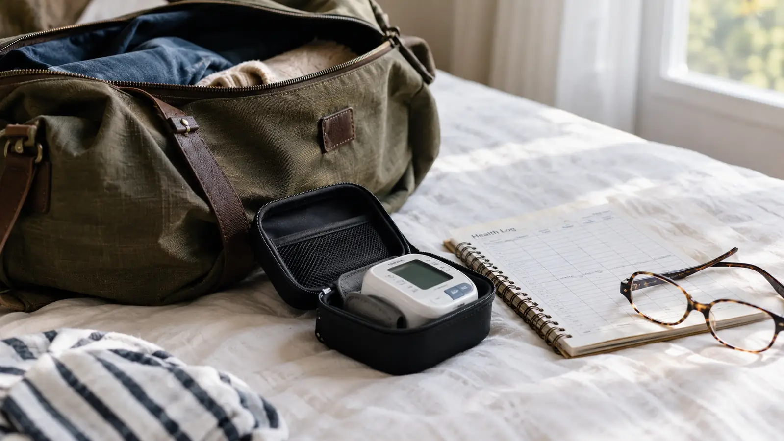 A person packing a small wrist blood pressure monitor in its case into a travel bag next to a paper log book