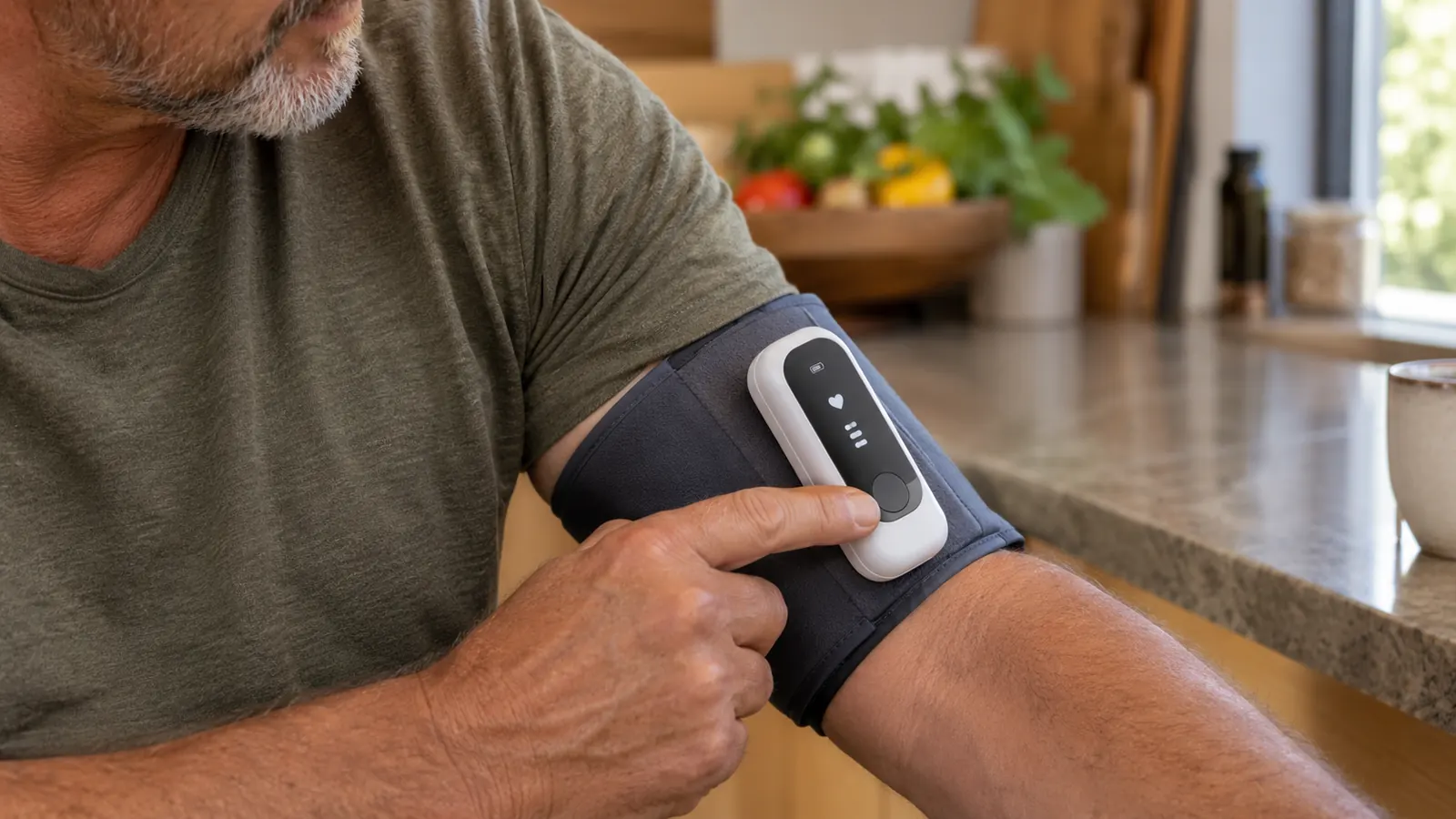 A person's arm with an upper-arm blood pressure monitor in place while a hand presses a button on the display case