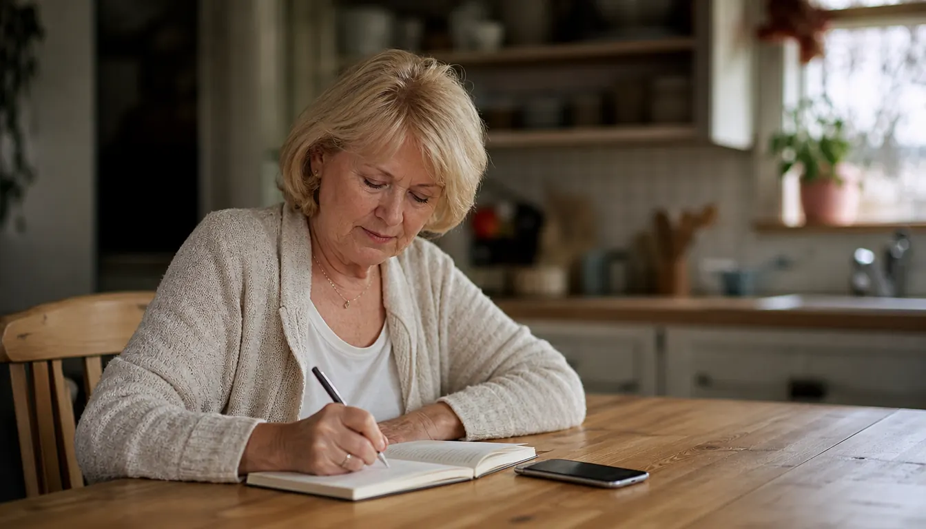 A woman in her sixties writing in a paper blood pressure log at a kitchen table with a smartphone nearby